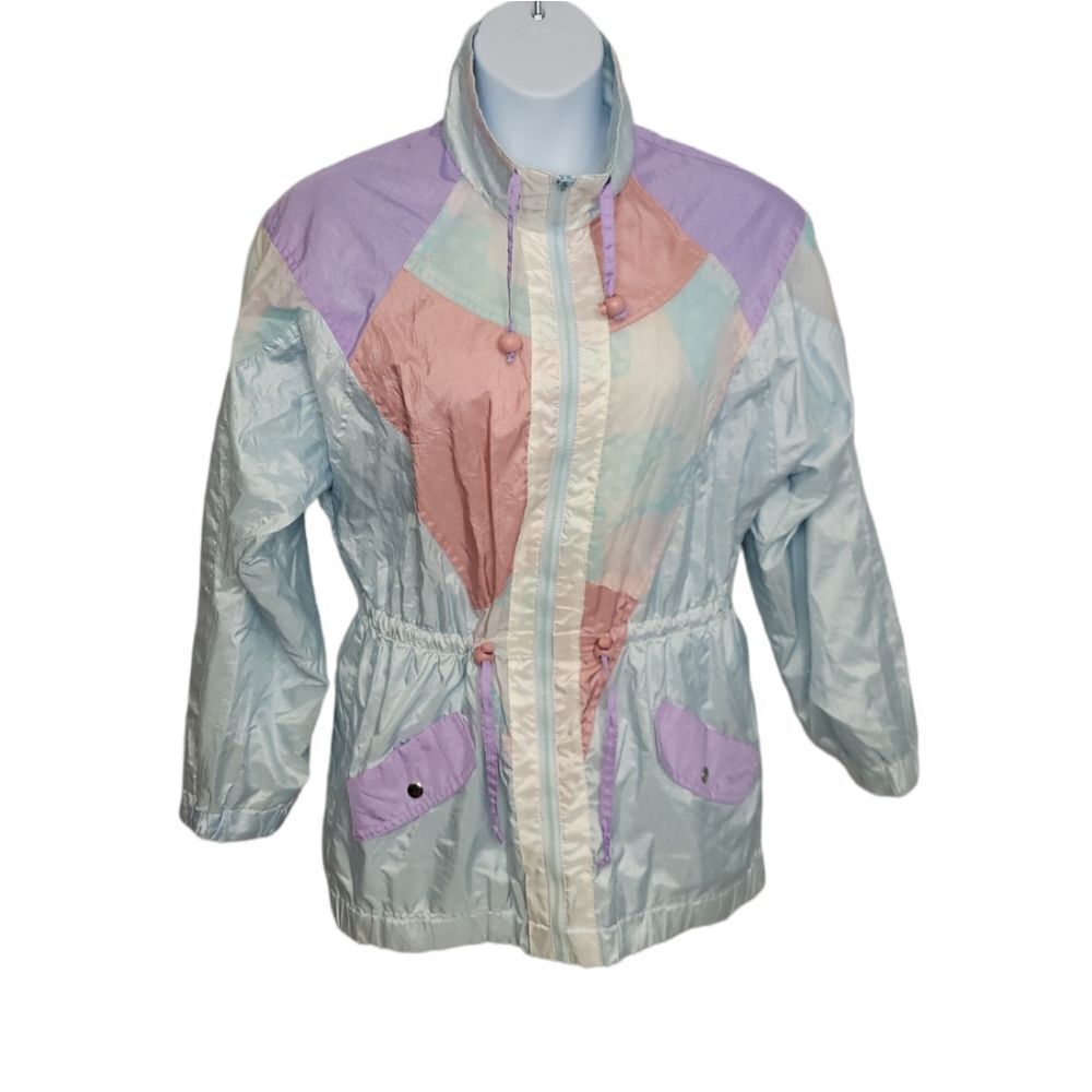 VINTAGE 80s windbreaker jacket‎ pastel color block zip up cinched waist M
